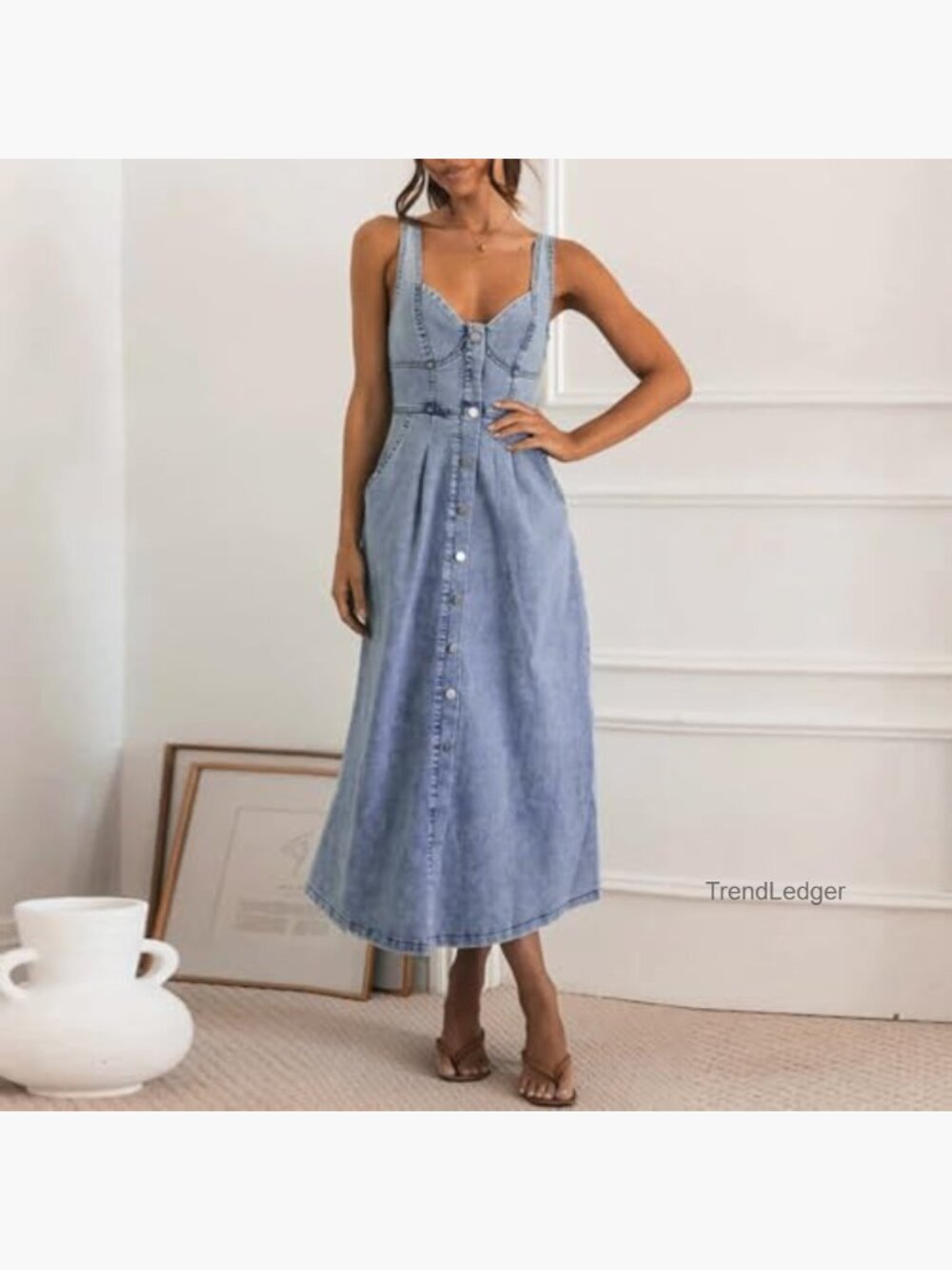 Sleeveless Button Down Slim Fit Midi Jean Dress A-Line - Picture 5 of 7